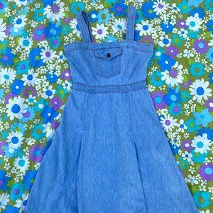 Vintage 1970s 1980s Blue Denim Sundress Boho Bohemian Hippie Denim Sundress Jump